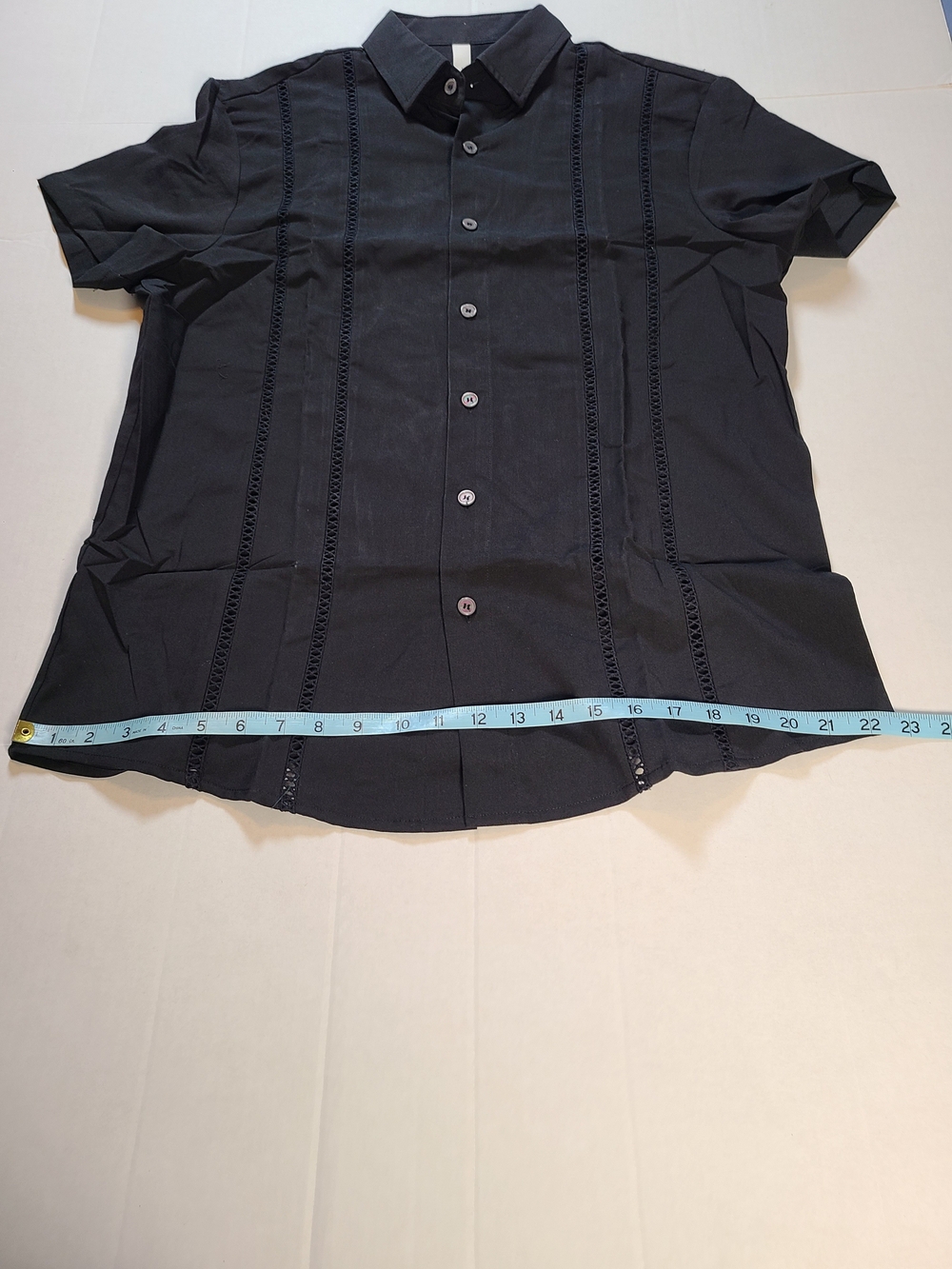 Letsee Black Short Sleeve Cuban  Guayabera Button-Up Shirt - Men's Casual Large - Picture 9 of 11
